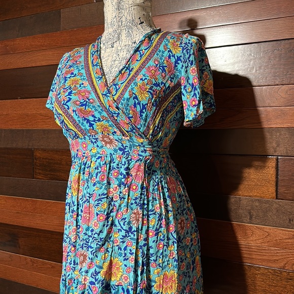 No Brand Tag V Neck Short Sleeve Teal Blue Floral Wrap Midi Dress - Picture 5 of 9
